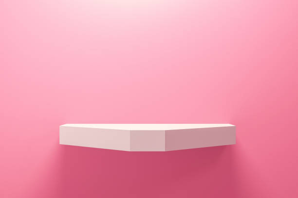 Front view of empty shelf on pink wall background with modern minimal concept. Display of backdrop shelves for showing. Realistic 3D render.
