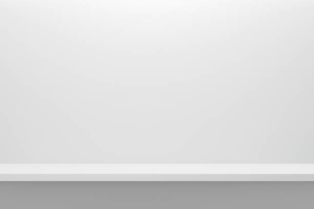 istock Front view of empty shelf on white table and wall background with modern minimal concept. Display of backdrop shelves for showing. Realistic 3D render. 1188822134