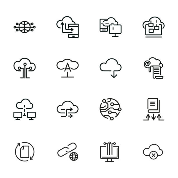 cloud computing-liniensymbolsatz - plateauschuh stock-grafiken, -clipart, -cartoons und -symbole
