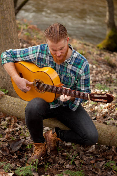 istock Hipster man with red beard with a guitar in the field 1188825168