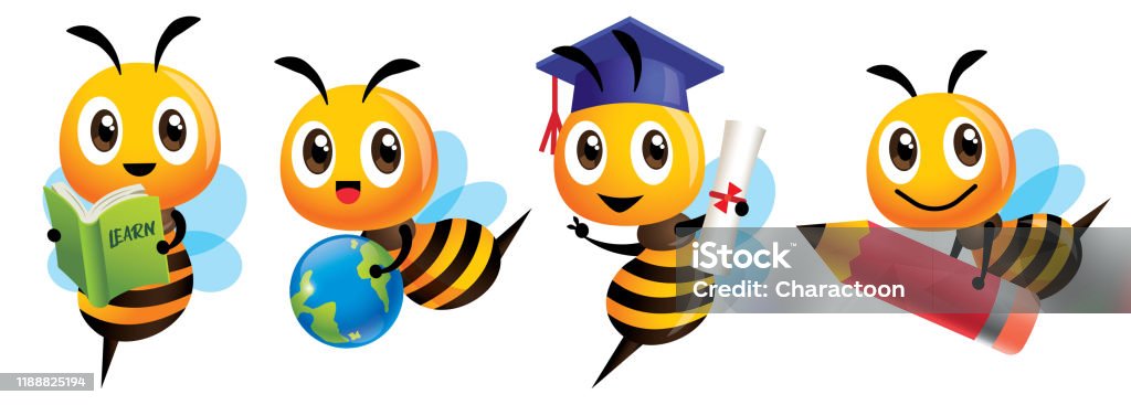 Ilustración de Juego De Abejas A La Escuela Dibujos Animados Lindo Bee  Educación Mascota Conjunto Dibujos Animados Lindo Bee Graduación  Sosteniendo Un Libro De Aprendizaje Llevando Un Globo Terráqueo Llevando Un  Gran