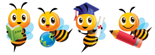 Bee Back to school set. Cartoon cute bee education mascot set. Cartoon cute bee graduation, holding a learning book, carrying a globe earth, carrying a big red pencil  - Vector character mascot set Bee Back to school set. Cartoon cute bee education mascot set. Cartoon cute bee graduation, holding a learning book, carrying a globe earth, carrying a big red pencil  - Vector character mascot set bee costume stock illustrations