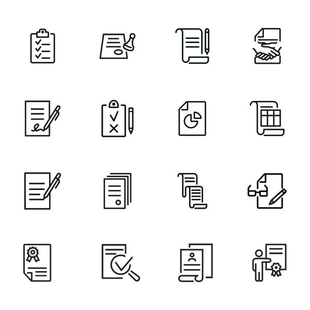 illustrazioni stock, clip art, cartoni animati e icone di tendenza di set di icone della riga documenti - project paper
