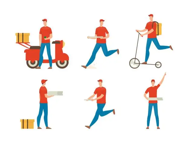Vector illustration of Pizza Delivery Guy Flat Vector Characters Set