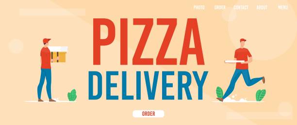 pizza delivery service flat vector web banner - pizza delivering running men stock-grafiken, -clipart, -cartoons und -symbole