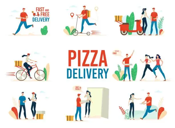 Vector illustration of Pizza Delivery Service Flat Vector Concepts Set