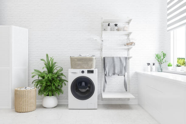 laundry room interior - white clothing imagens e fotografias de stock