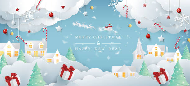 illustrazioni stock, clip art, cartoni animati e icone di tendenza di buona composizione natalizia in stile taglio di carta. babbo natale sul cielo illustrazione vettore. - scenics