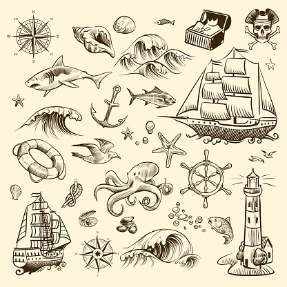 Pirate adventure set. Sea navigation engraved old fantasy objects, ship and treasure of pirates with lighthouse vector shipping sail collection