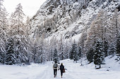 Two Romantic Hikers Hand In Hand In Snowy Covered Forest