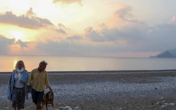 istock Couple walks along empty beach at sunrise 1188834890