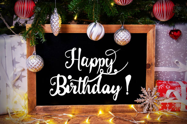 istock Chalkboard, Tree, Gift, Fairy Lights, Calligraphy Happy Birthday 1188837215
