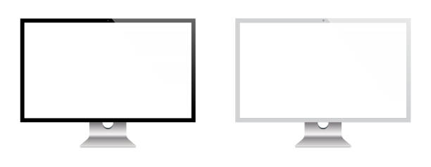 монитор компьютера и телевизор с плоским экраном в черном и серебряном цвете с отражением, реалистичной иллюстрацией вектора - withe flat screen computer monitor electronics industry stock illustrations
