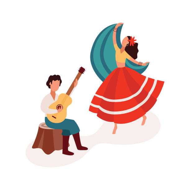 taniec i gra na gitarze cygańskich para płaskie kreskówki ilustracji wektorowej izolowane. - global traditional culture global communications child stock illustrations