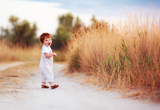 istock cute redhead baby toddler walking along the summer path 1188842359