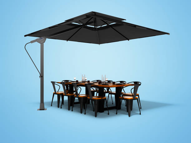 istock Concept umbrella for restaurant on side support with table and chairs 3d render on blue background with shadow 1188843876