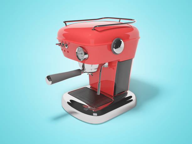 istock Red carob coffee machine with water tank 3d render on blue background with shadow 1188844452