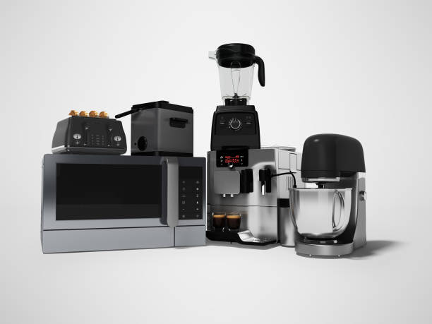 istock Group of kitchen appliances automatic professional coffee machine toaster mixer 3d render on gray background with shadow 1188845052