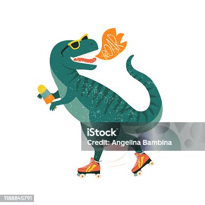 istock Dinosaur on roller skates with ice cream. Roar. Vector illustration. 1188845791