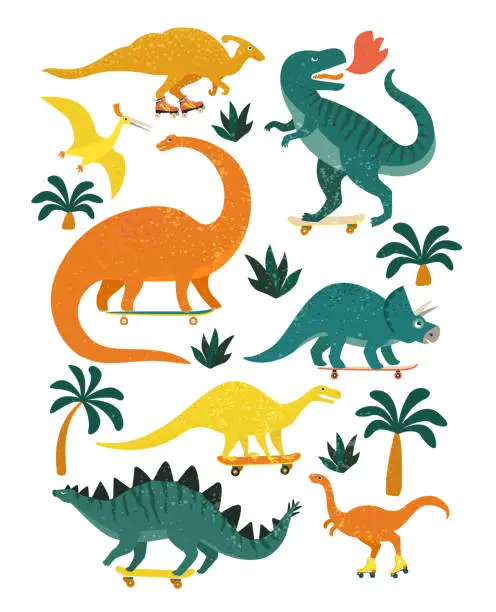 Vector illustration of Set of dinosaurs including T-rex, Brontosaurus, Triceratops, Velociraptor, Pteranodon, Allosaurus, etc. Isolated on white.