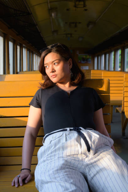 istock Young Asian tourist woman resting and looking through window inside the train 1188846720