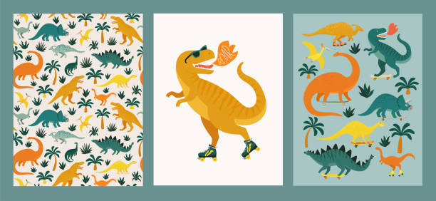 ilustraciones, imágenes clip art, dibujos animados e iconos de stock de dinosaurios dibujados a mano, hojas tropicales y flores. patrón sin costuras. elementos de diseño de dino lindos. imprime diseño vintage para camisetas. ilustración vectorial. - dinosaurio