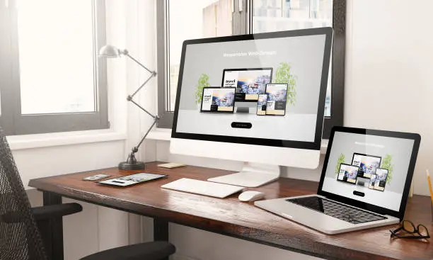 Photo of devices with responsive web design desktop 3d rendering