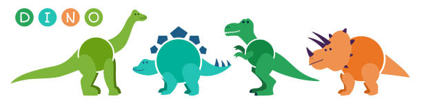 illustrazioni stock, clip art, cartoni animati e icone di tendenza di set di personaggi dei dinosauri dei cartoni animati - t rex ecc - monster set pattern green