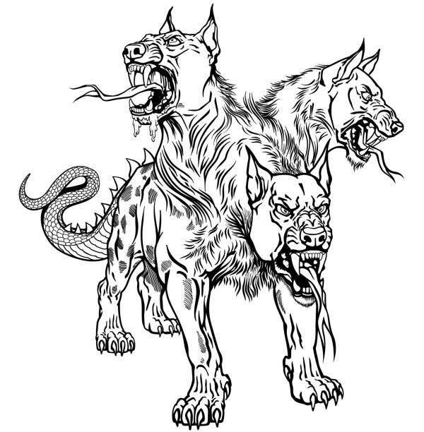  Ilustración de Cerberus Hellhound Tatuaje En Blanco Y Negro y más Vectores Libres de Derechos de Cerbero