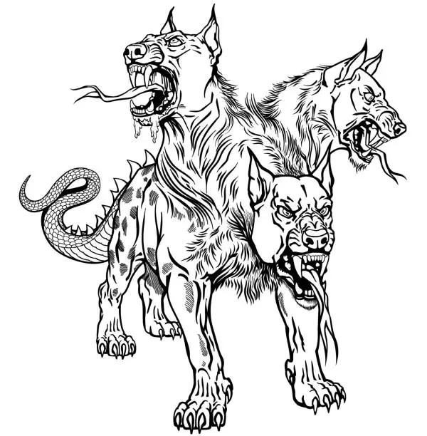 Vector illustration of Cerberus Hellhound black and white tattoo