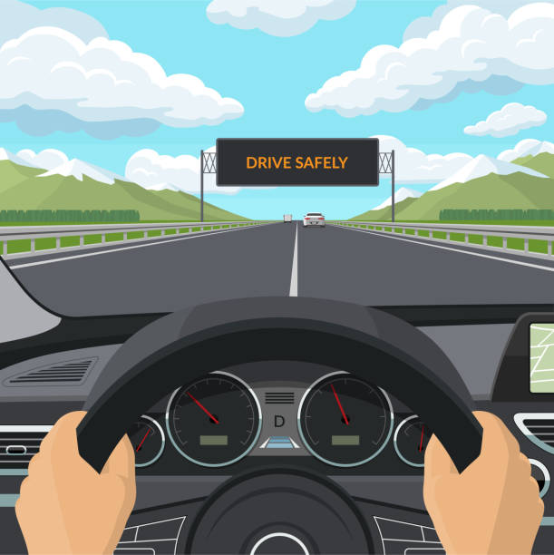 napęd bezpiecznie koncepcji. ilustracja pov z napędem samochodowym. widok na drogę z miejsca kierowcy. ręce kierowcy na kierownicy, desce rozdzielczej, wnętrzu samochodu, autostradzie i ruchu. - car road safety driving stock illustrations