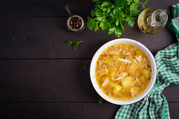 istock Chicken soup with potatoes and buckwheat. Top view 1188849341