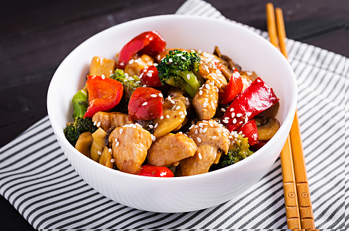 Stir fry with chicken, mushrooms, broccoli and peppers. Chinese food.