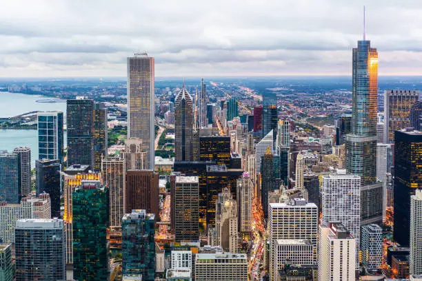 Photo of urban city skyline aerial view in Chicago, America