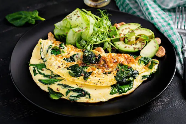 Photo of Ketogenic, paleo diet breakfast. Omelette with spinach and avocado, cucumber.