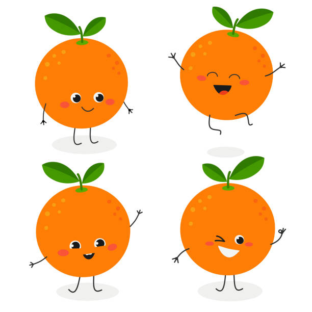 Orange cartoon character emoticon set vector illustration Cheerful funny cartoon orange characters in flat style. Vector illustration isolated on white background oranges with faces stock illustrations