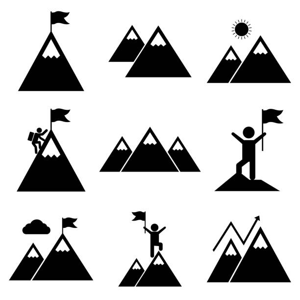 mount set-symbol, logo isoliert auf weißem hintergrund. bergsteigen, bergbesiegt, weg hinauf, hoch in den bergen - conquered stock-grafiken, -clipart, -cartoons und -symbole