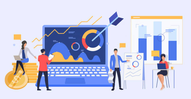 Business people analyzing marketing reports Business people analyzing marketing reports. Managers presenting diagrams vector illustration. Business and analysis concept for banner, website design or landing web page ceremony illustrations stock illustrations