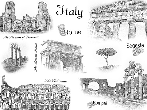 Ancient sights of cities Rome, Pompeii, Segesta. Touristic Italian landmarks: the Roman Forum, the Thermae of Caracalla, the Colosseum, the Arch of Septimius Severus, Temple of Venus Genetrix. Travel collage, concept postcard design