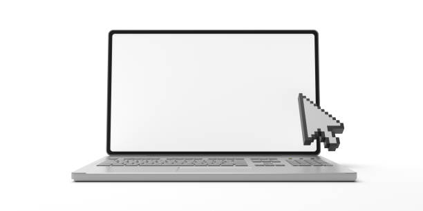 pointeur de curseur de souris sur un ordinateur portatif, fond blanc. illustration 3d - laptop browser isolated web page photos et images de collection