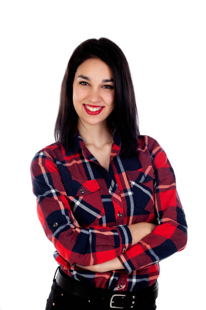 istock Young smiling woman with red plaid shirt 1188855482