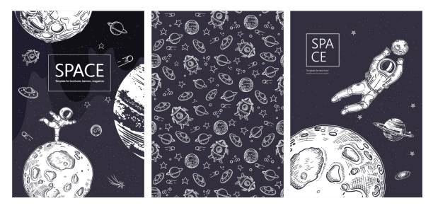 Set of space banners. The astronaut is ice skating. Astronaut catches a planet. Set of space banners. The astronaut is ice skating. Astronaut catches a planet. Galaxy, deep space. Rockets, planet, stars. Templates for covers, flyers, banners, magazines. astronaut patterns stock illustrations