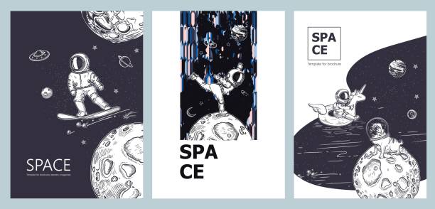 Set of space banners. Astronaut swim on swimming circle of a unicorn in the space. Set of space banners. Astronaut swim on swimming circle of a unicorn in the space. Astronauts snowboarding and ice skating.Pug astronaut is sitting on a planet. Template for brochures, banners, magazines, posters, flyers. astronaut drawings stock illustrations