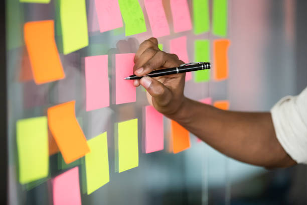 istock Close up african american manager writing notes on kanban board. 1188857013