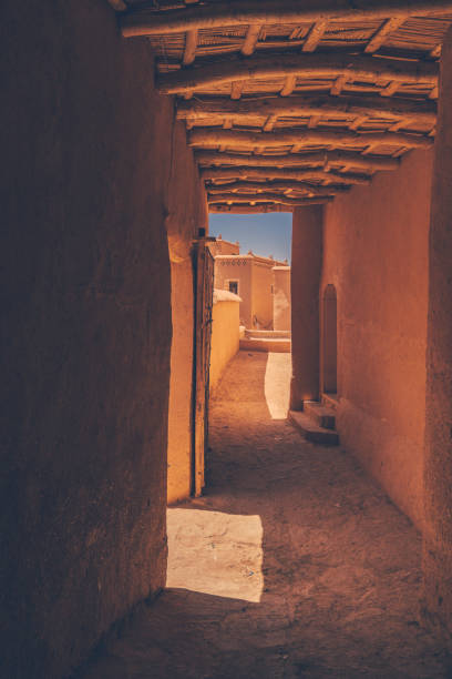 Beautiful Moroccan door decorated by carved stucco on a hidden alley in the old Medina of Marrakesh, Morocco.