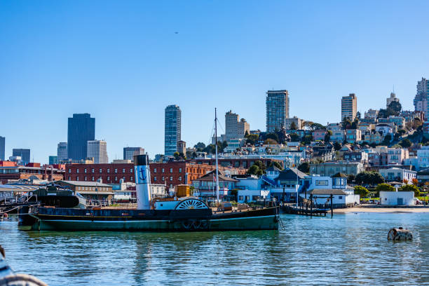 View of the San Francisco Bay with an old wheeled ship in the foreground