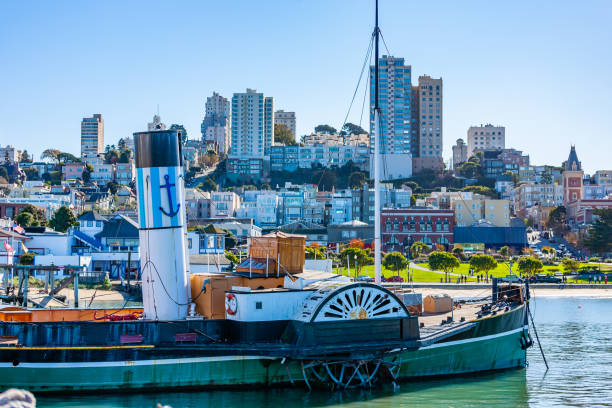 View of the San Francisco Bay with an old wheeled ship in the foreground
