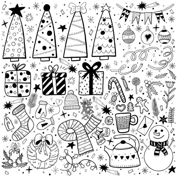istock Digital drawing on a Christmas theme in monochrome. A set of Christmas decorations, sweets and cozy elements for cards, scrapbooking and more. 1188860385