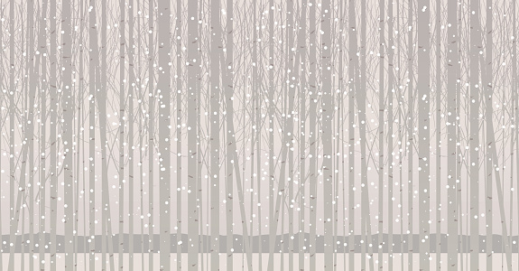 Vector seamless pattern with young trees. Winter grove with birches, poplars or aspens in the snow. Decorative abstract background with snow-covered slender trees. Twilight landscape