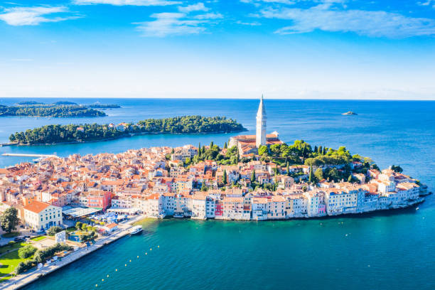 Croatia, Istria, aerial of old town of Rovinj Croatia, panoramic view of beautiful blue Adriatic coast in Istria, aerial of old town of Rovinj istria photos stock pictures, royalty-free photos & images